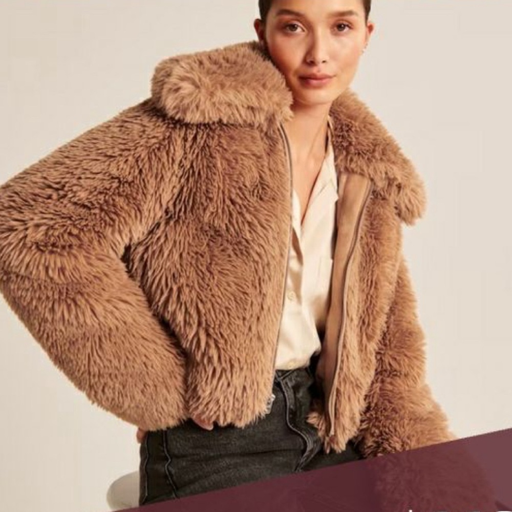 NWT Abercrombie & Fitch Drama Collar Faux Fur tan coat XL - Picture 3 of 13